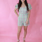 Pastel Green Plaid Square Neck Belted Romper