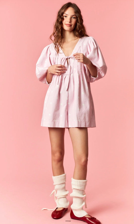 Pink Denim Polka Dot Flared Romper