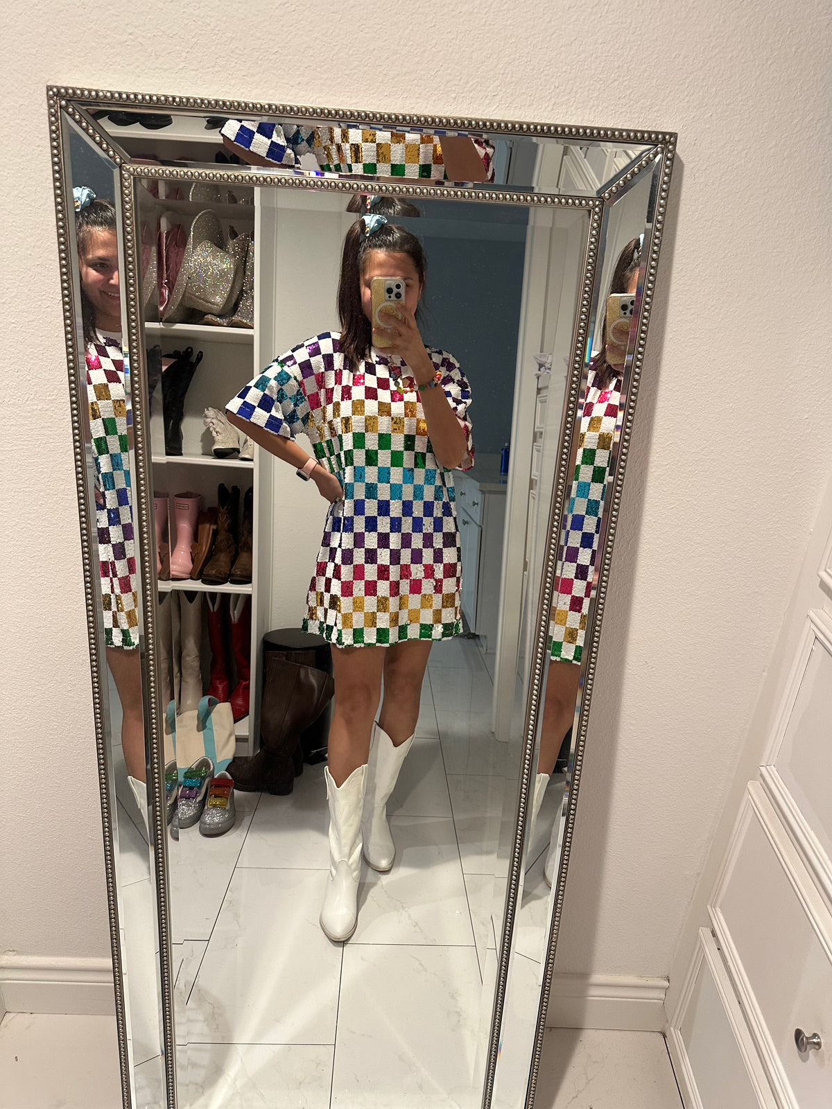 Rainbow Sequin Checkered Shirt Dress