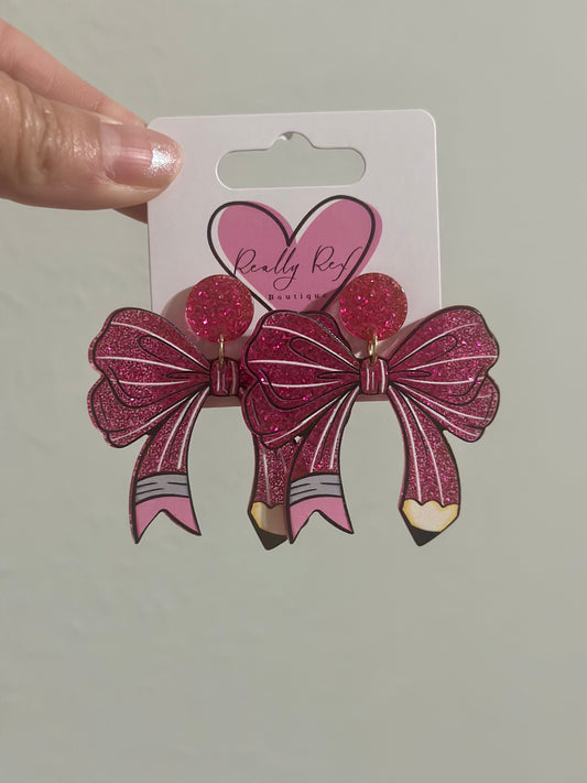Pink Glitter Pencil Bow Earrings