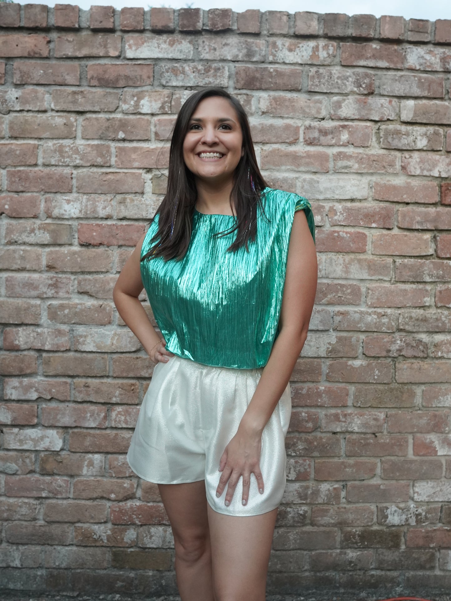 Pleated Teal Foil Crop Top