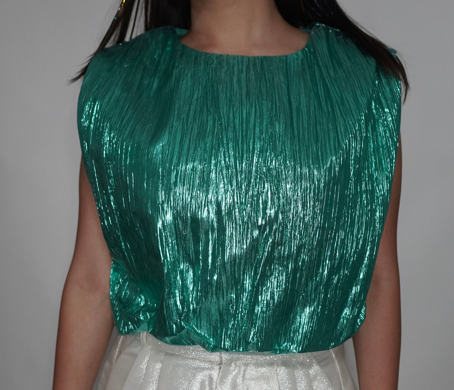 Pleated Teal Foil Crop Top