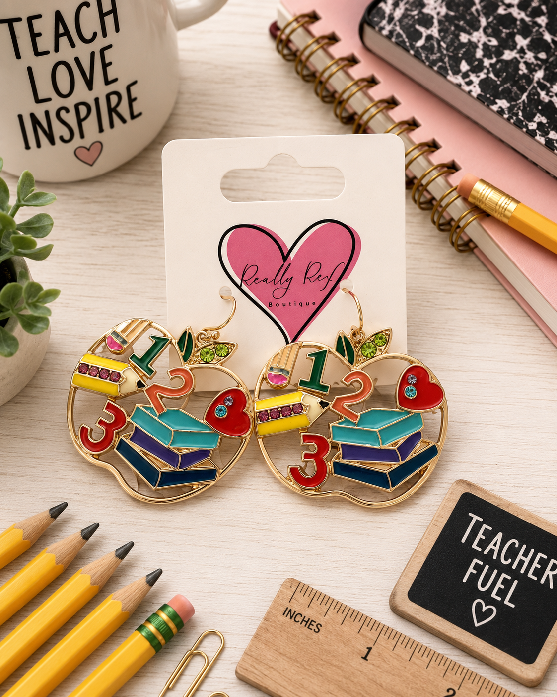 Metal Apple School Supplies Earrings