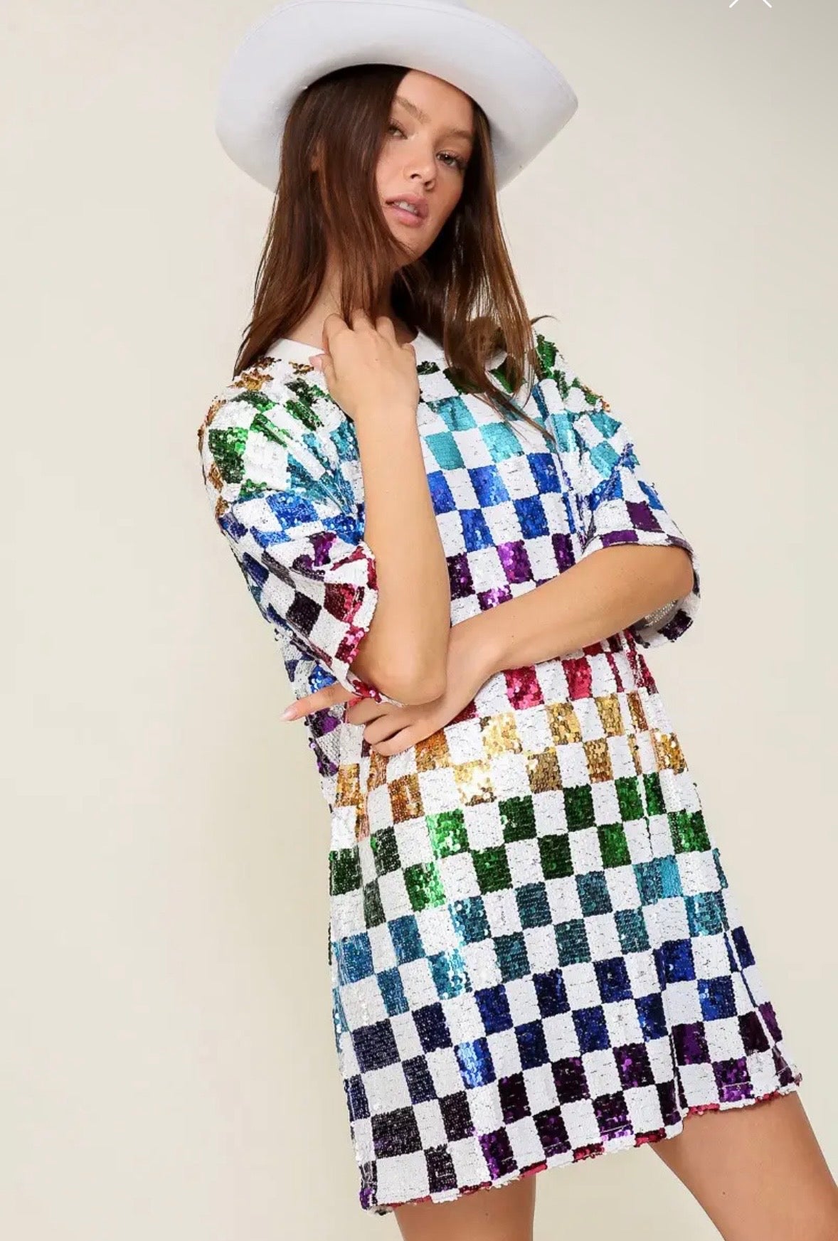 Rainbow Sequin Checkered Shirt Dress
