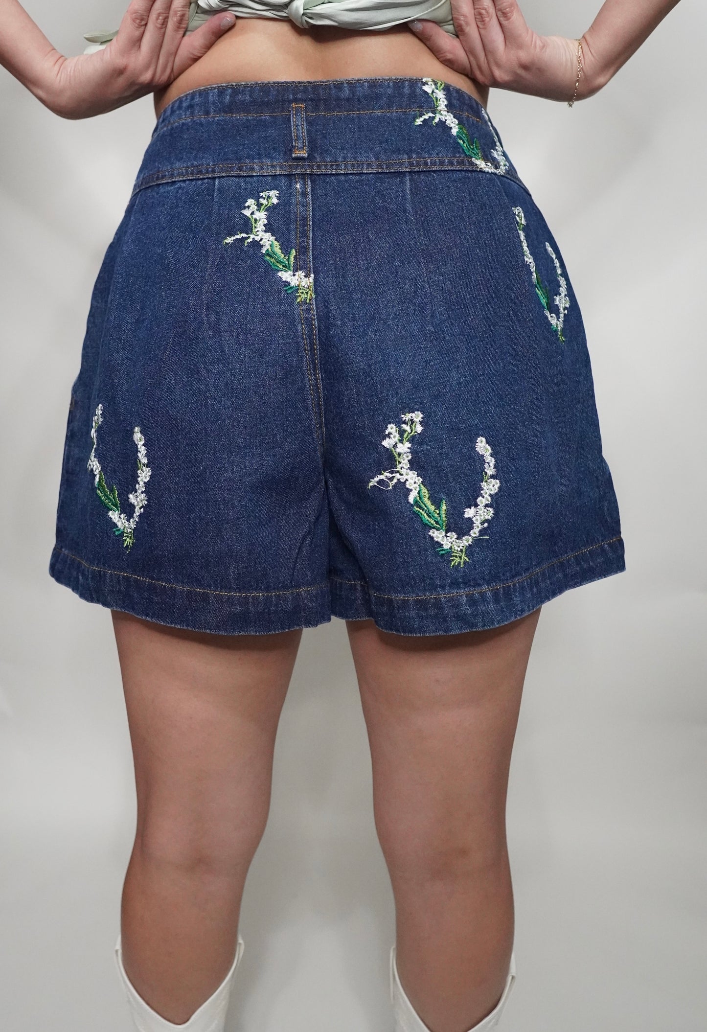 Embroidered Floral Baggy Denim Shorts