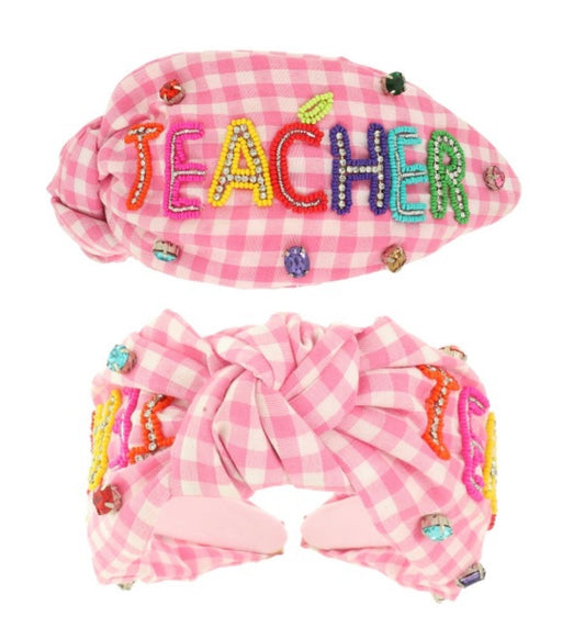 Pink Gingham Beaded Teacher Headband