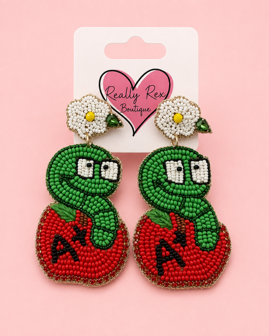 Beaded Worm in Apple Earrings