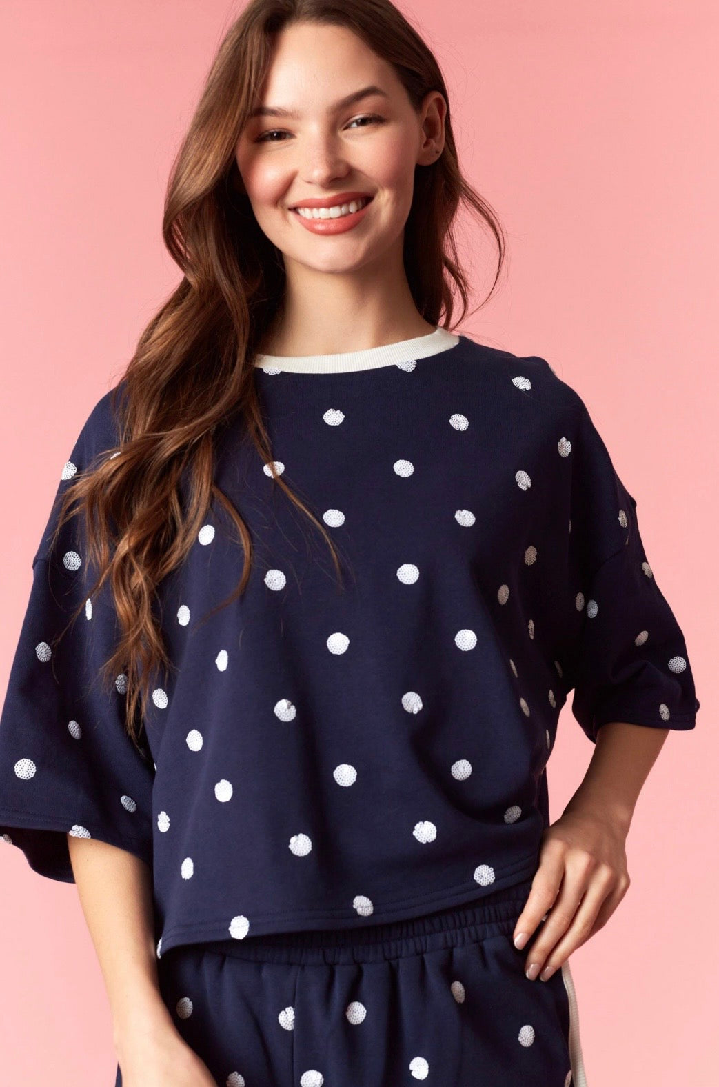 Navy Sequin Polka Dot Top