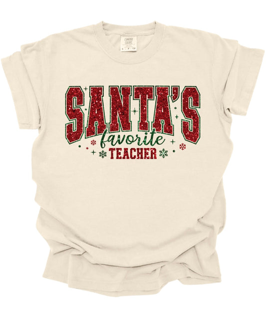 FAUX Glitter Santa’s Favorite Teacher Tshirt