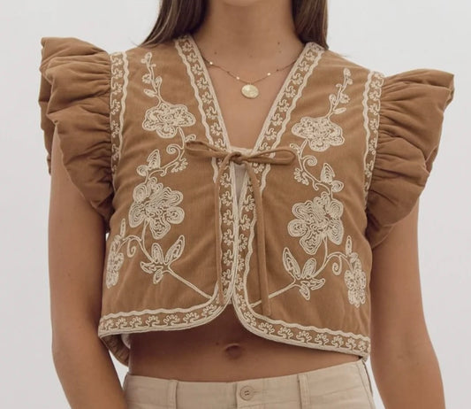 Camel Embroidered Cropped Vest