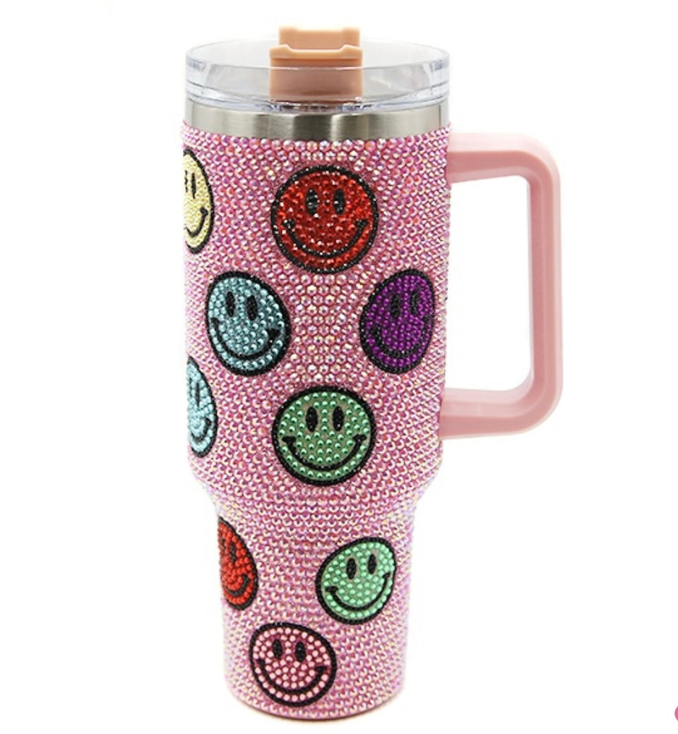 Pink Rhinestone Smiley Face Tumbler