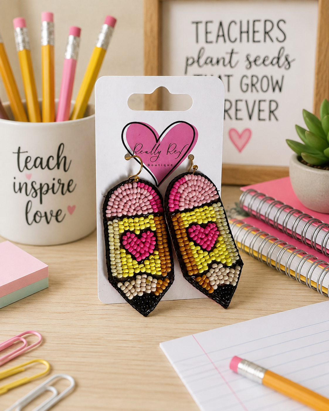 Beaded Pencil with Heart Earrings