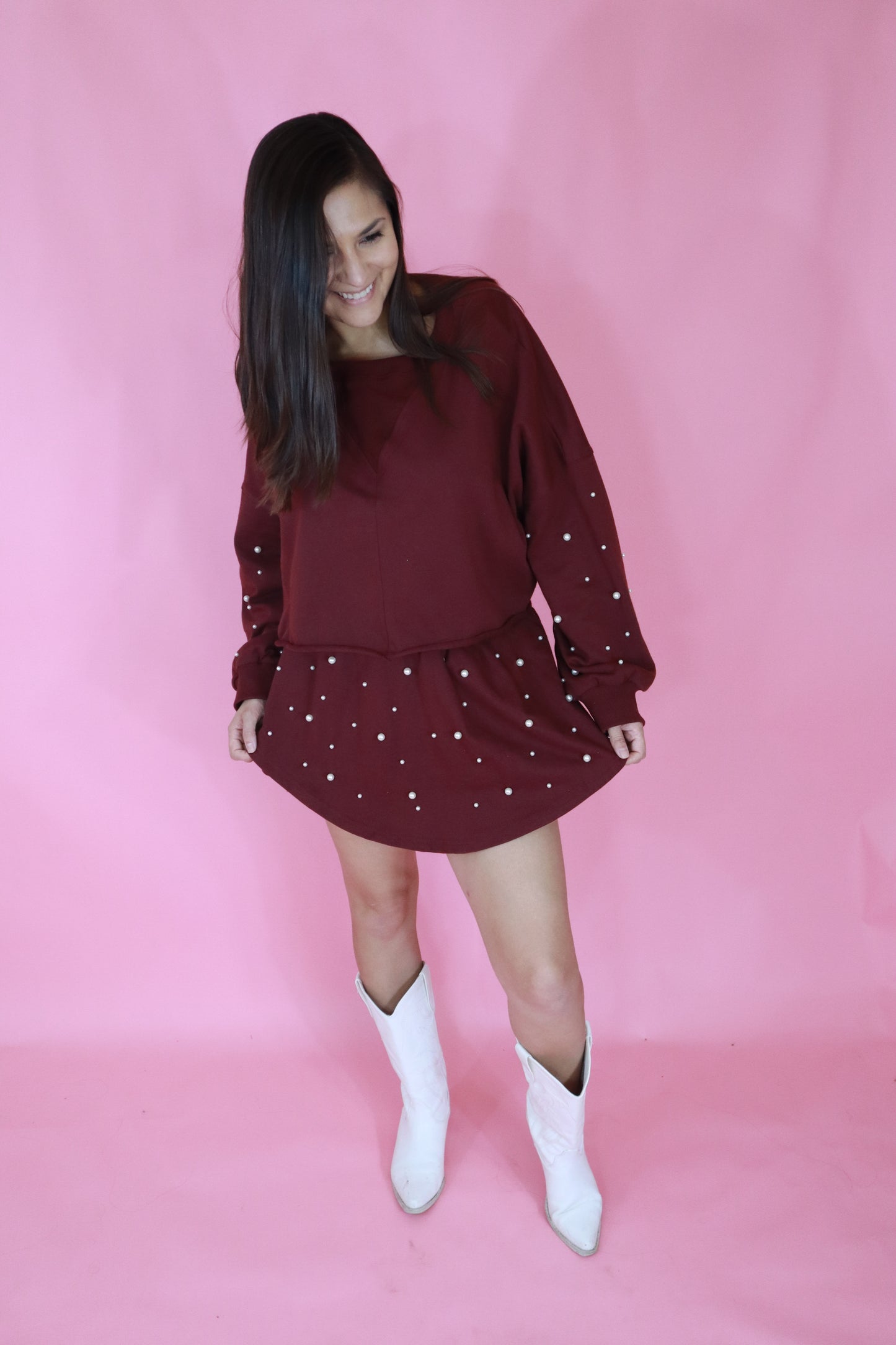 Maroon Pearled Crop Skort Set