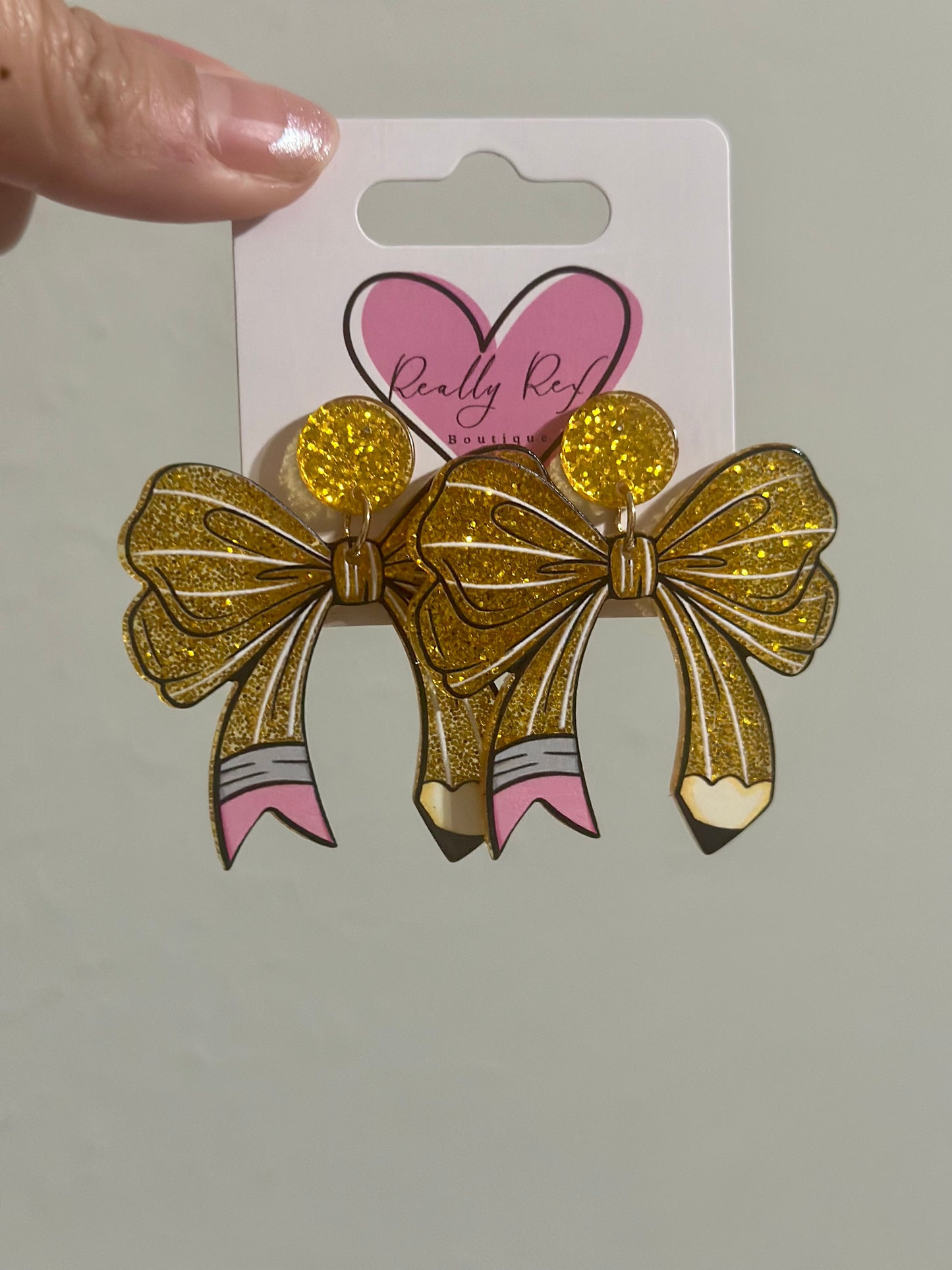 Gold Glitter Pencil Bow Earrings
