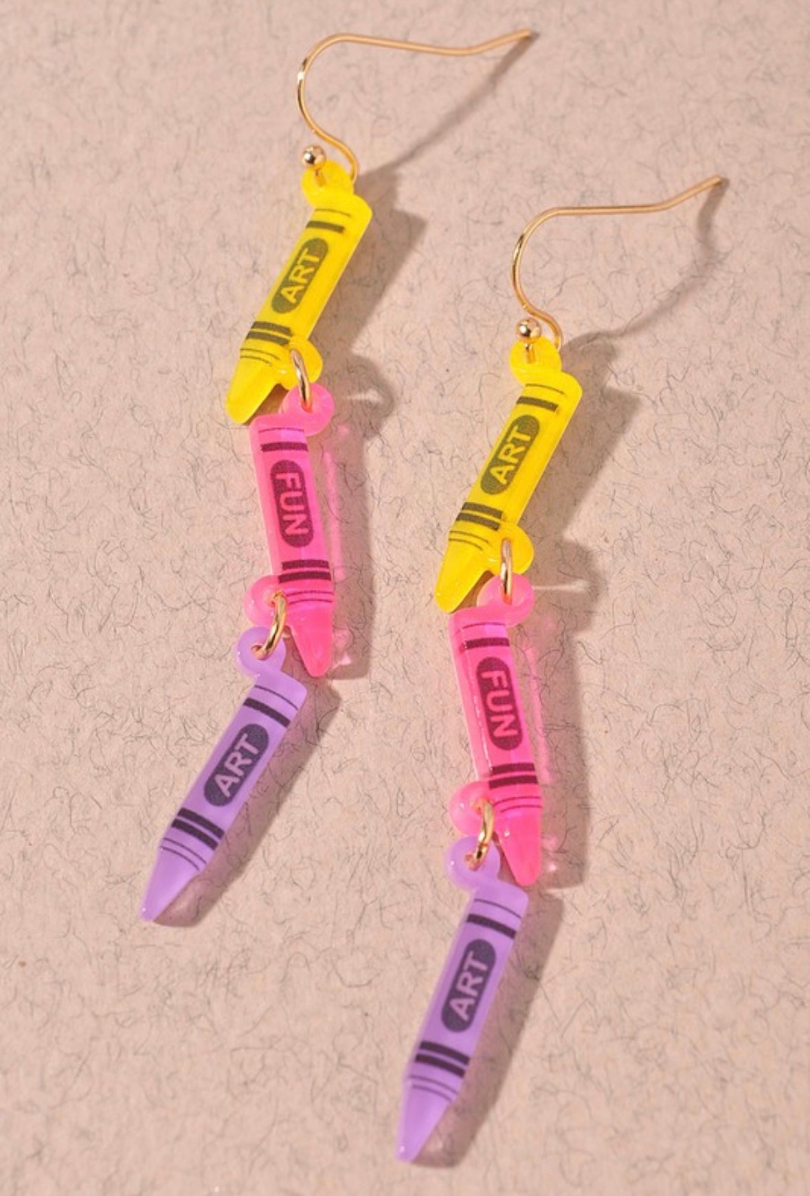 Yellow, Pink, and Purple Crayon Dangle Earrings