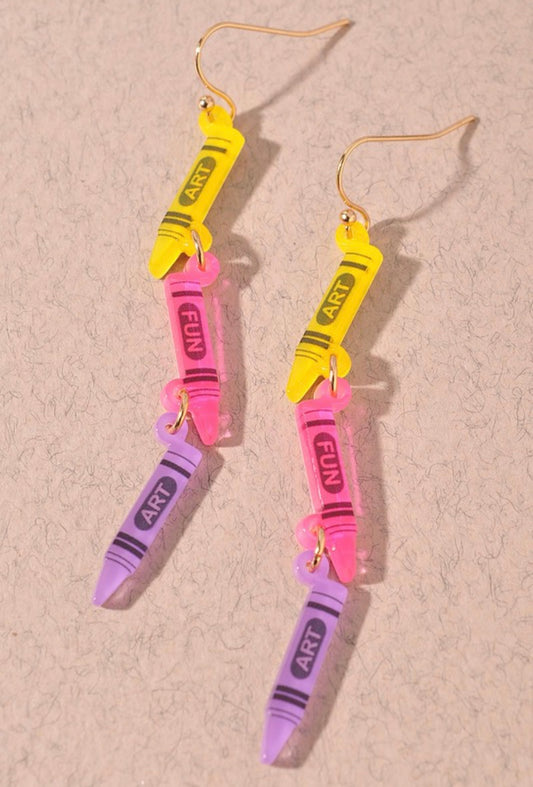 Yellow, Pink, and Purple Crayon Dangle Earrings