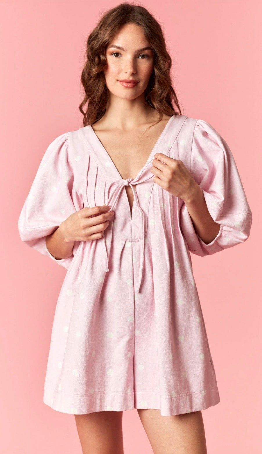 Pink Denim Polka Dot Flared Romper