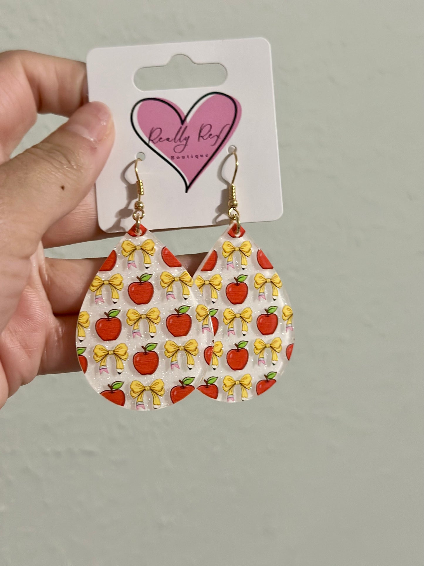 Apple and Pencil Bow Teardrop Earrings