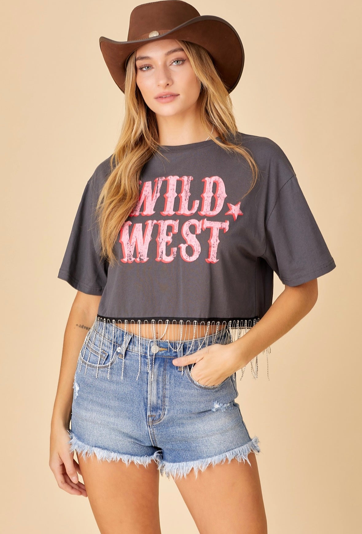 Grey Wild West Rhinestone Fringe Top