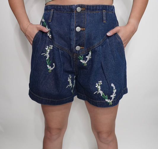 Embroidered Floral Baggy Denim Shorts