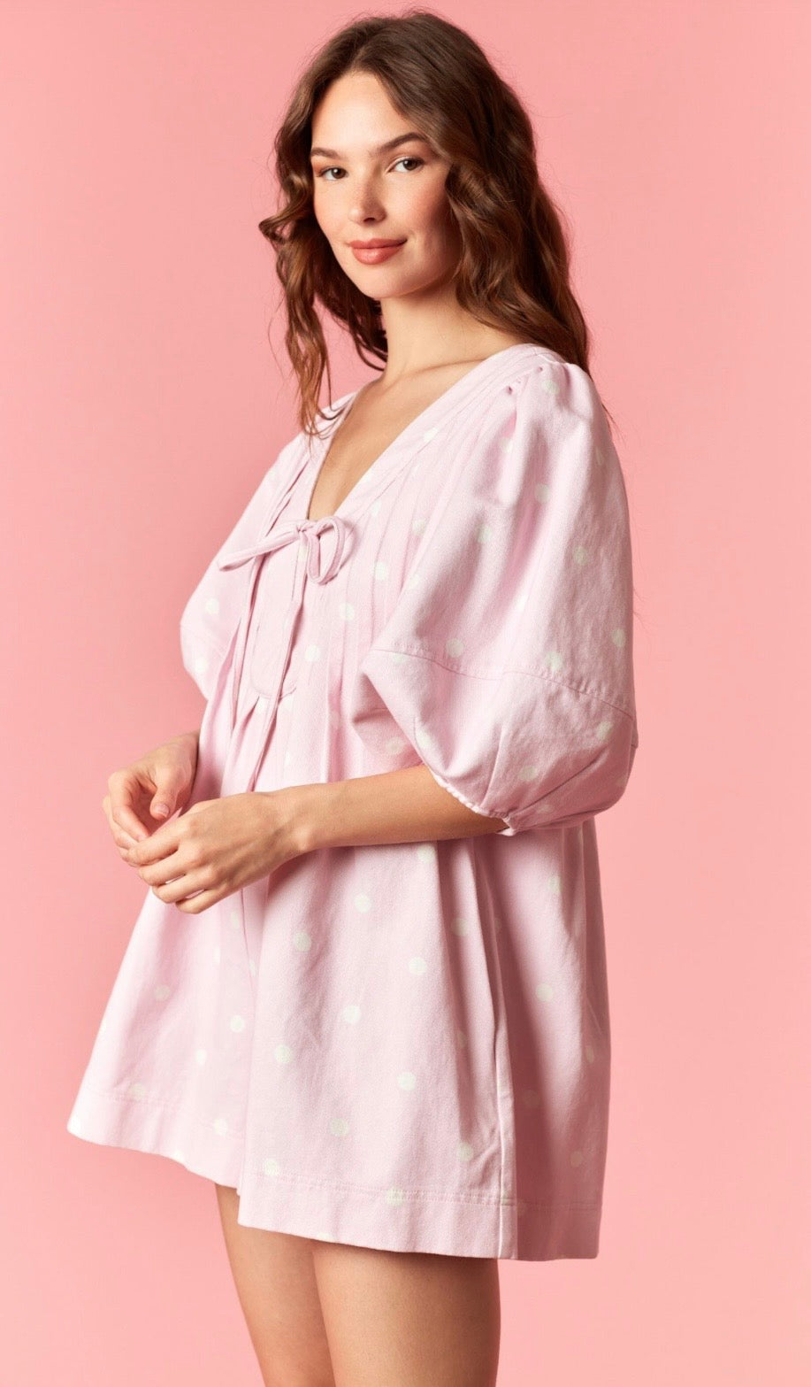 Pink Denim Polka Dot Flared Romper