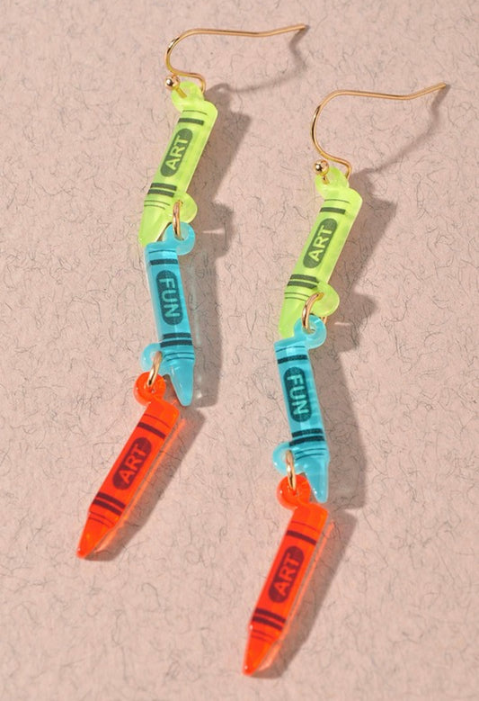 Green, Blue, and Red Dangle Crayon Earrings