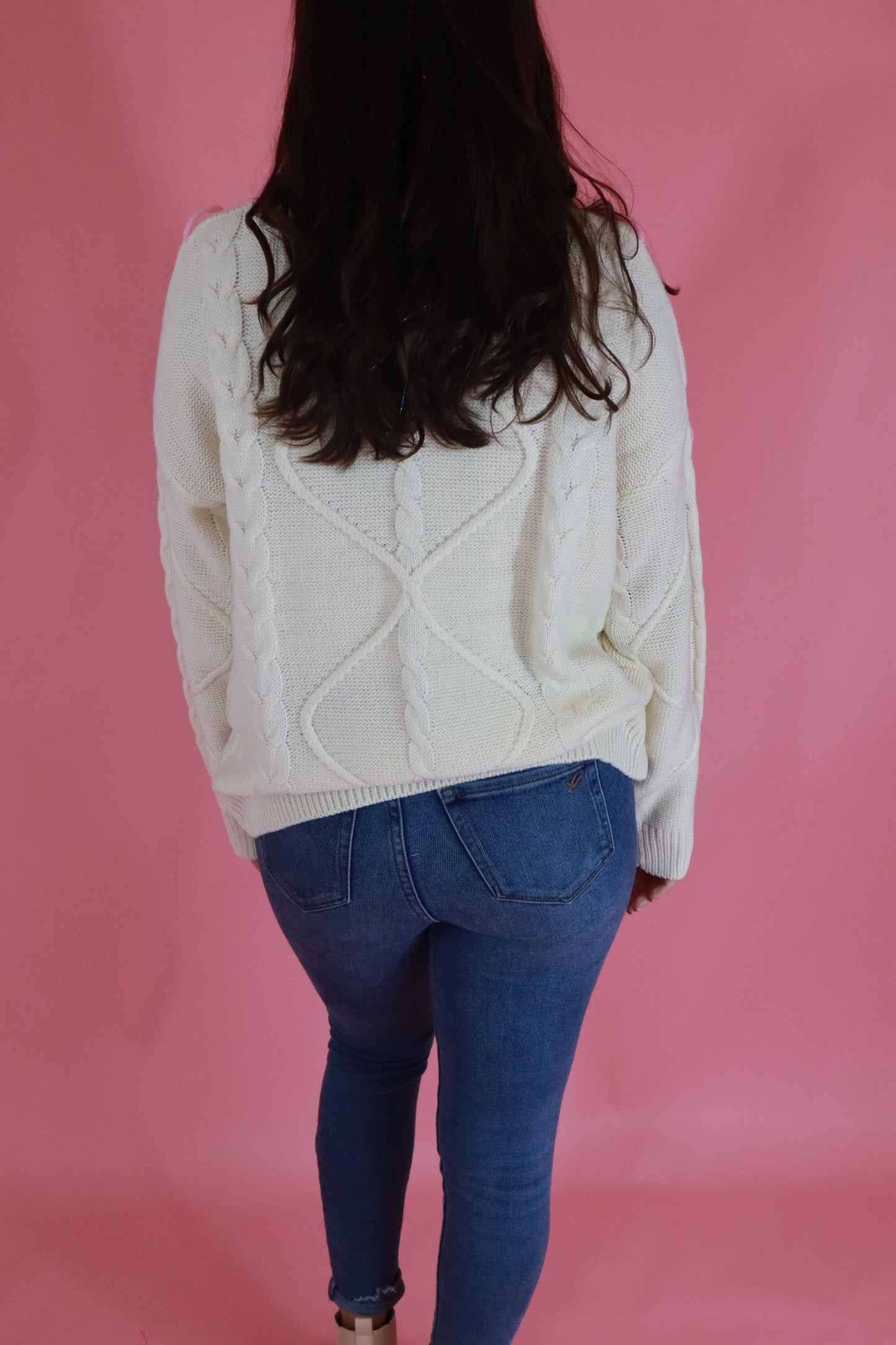 Cream and Pink Tie Bow Sweater