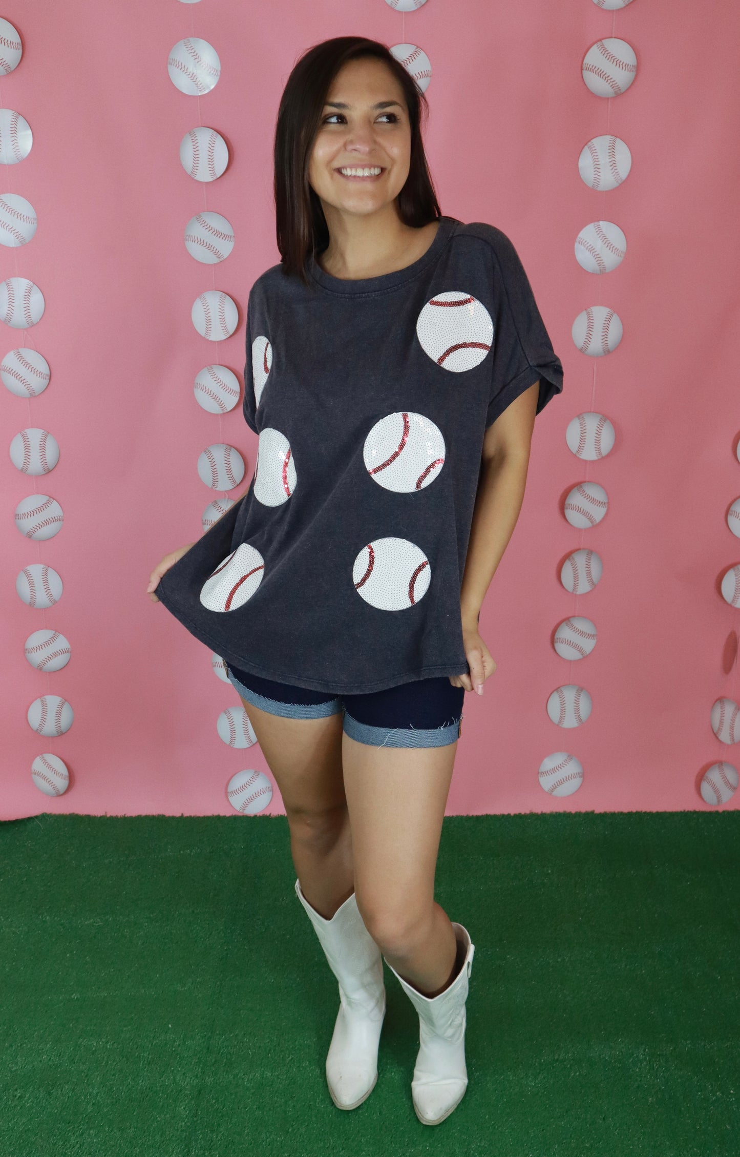 Dark Grey Sequin Baseball Patch Oversized Tee