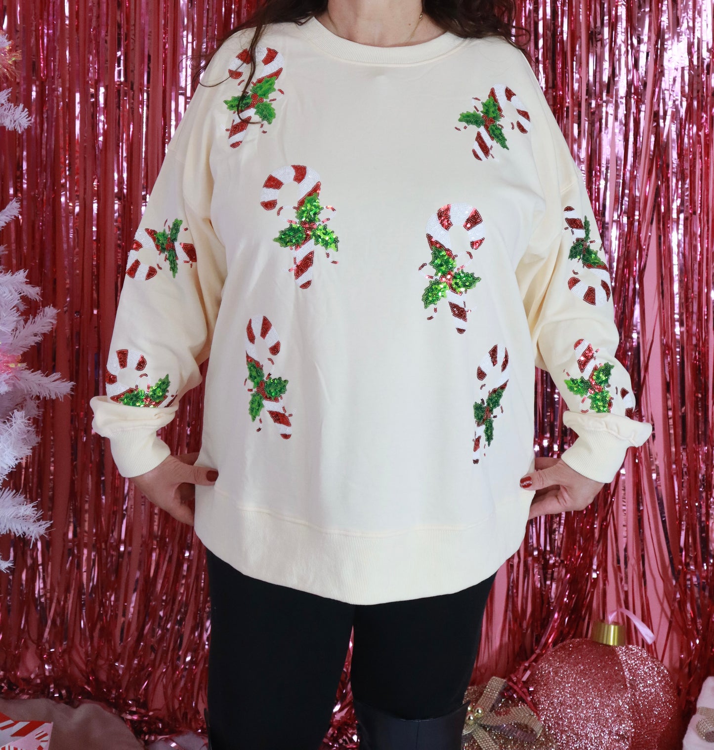 Oversized Cream Sequin Candy Cane Top