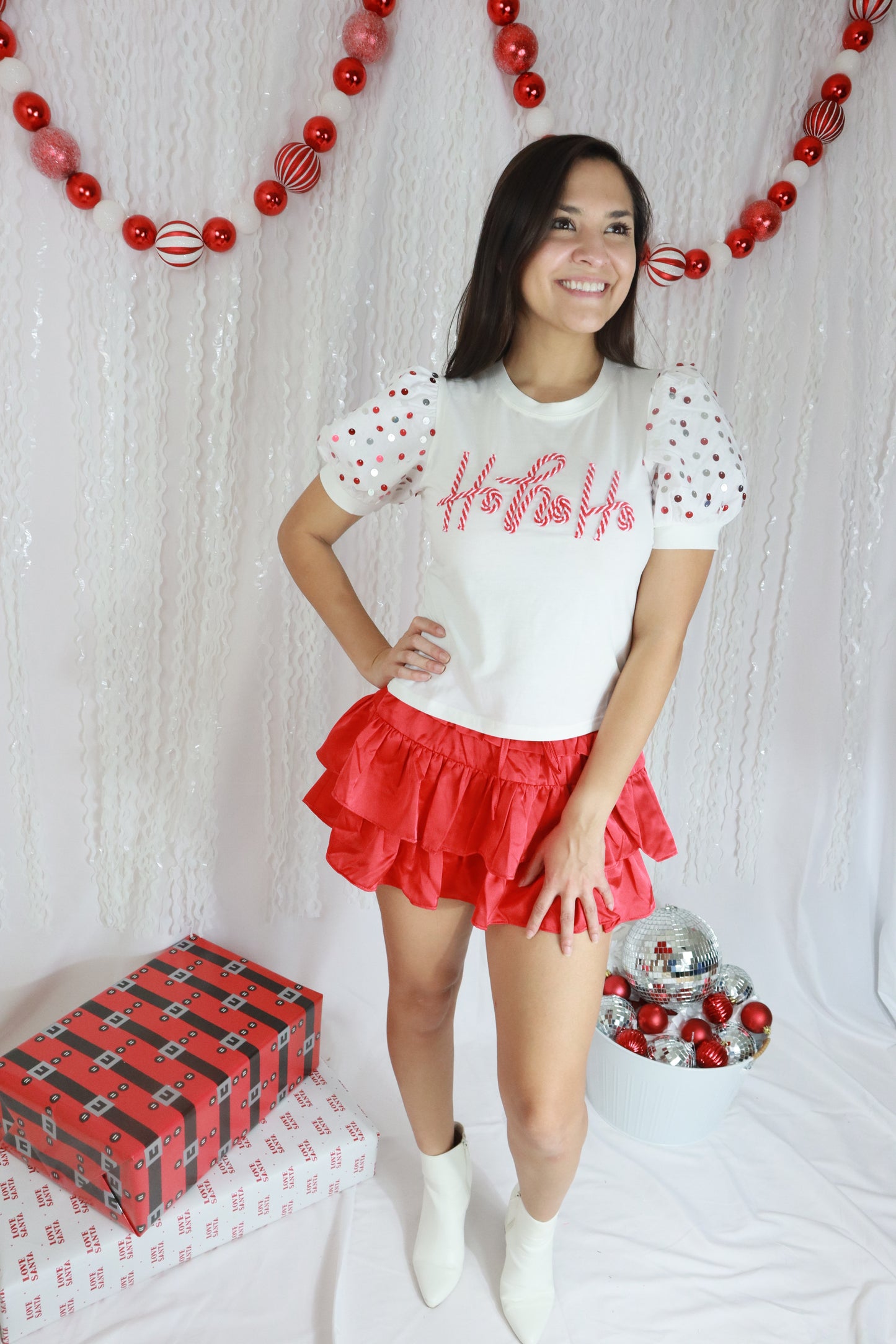 Ho Ho Ho Sequin Puff Sleeve Top