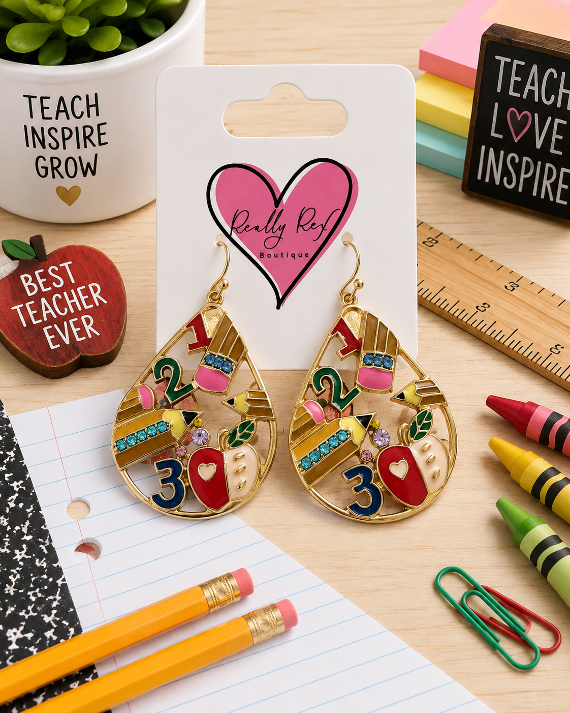Metal School Supplies Teardrop Earrings