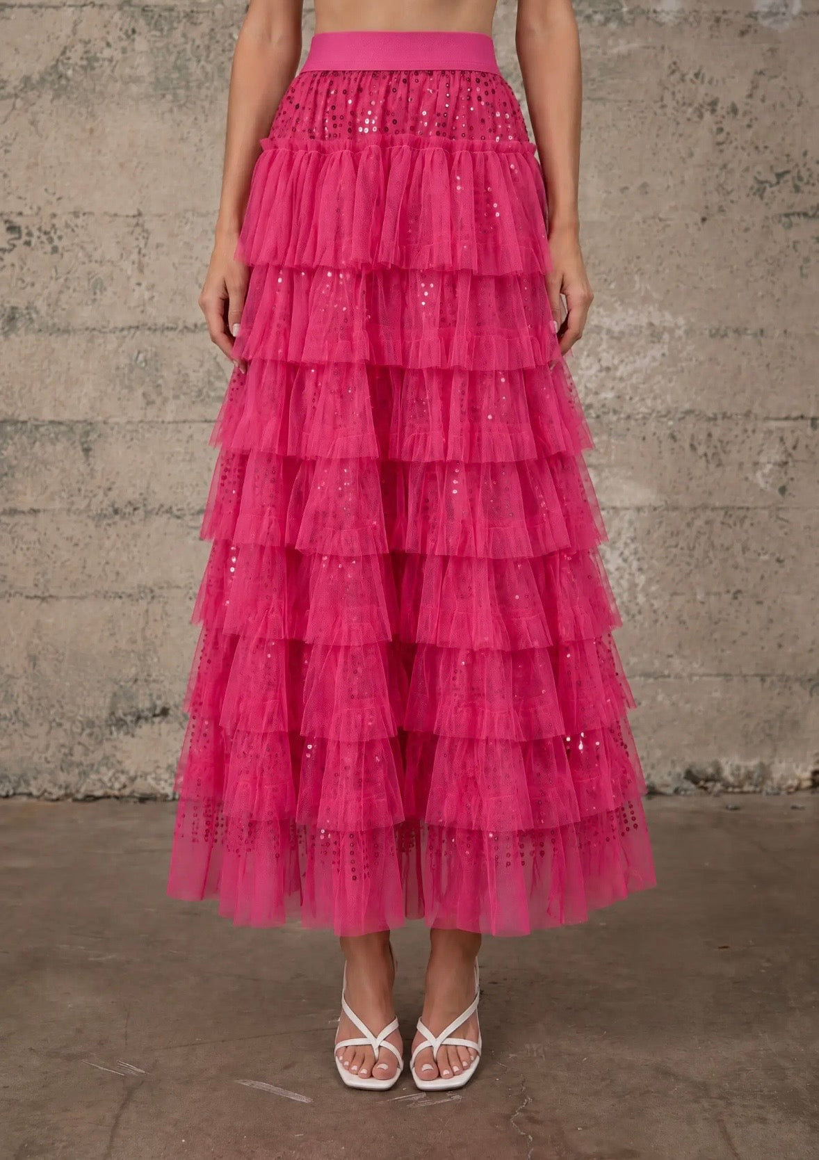 Pink Sequin Tiered Mesh Maxi Skirt