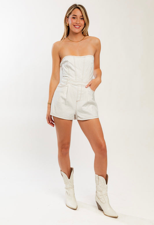 White Denim Strapless Romper