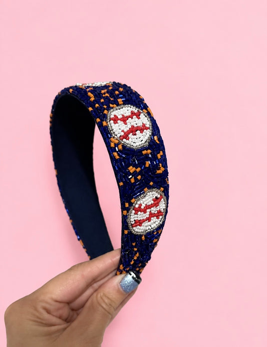 Blue and Orange Beaded Baseball Headband