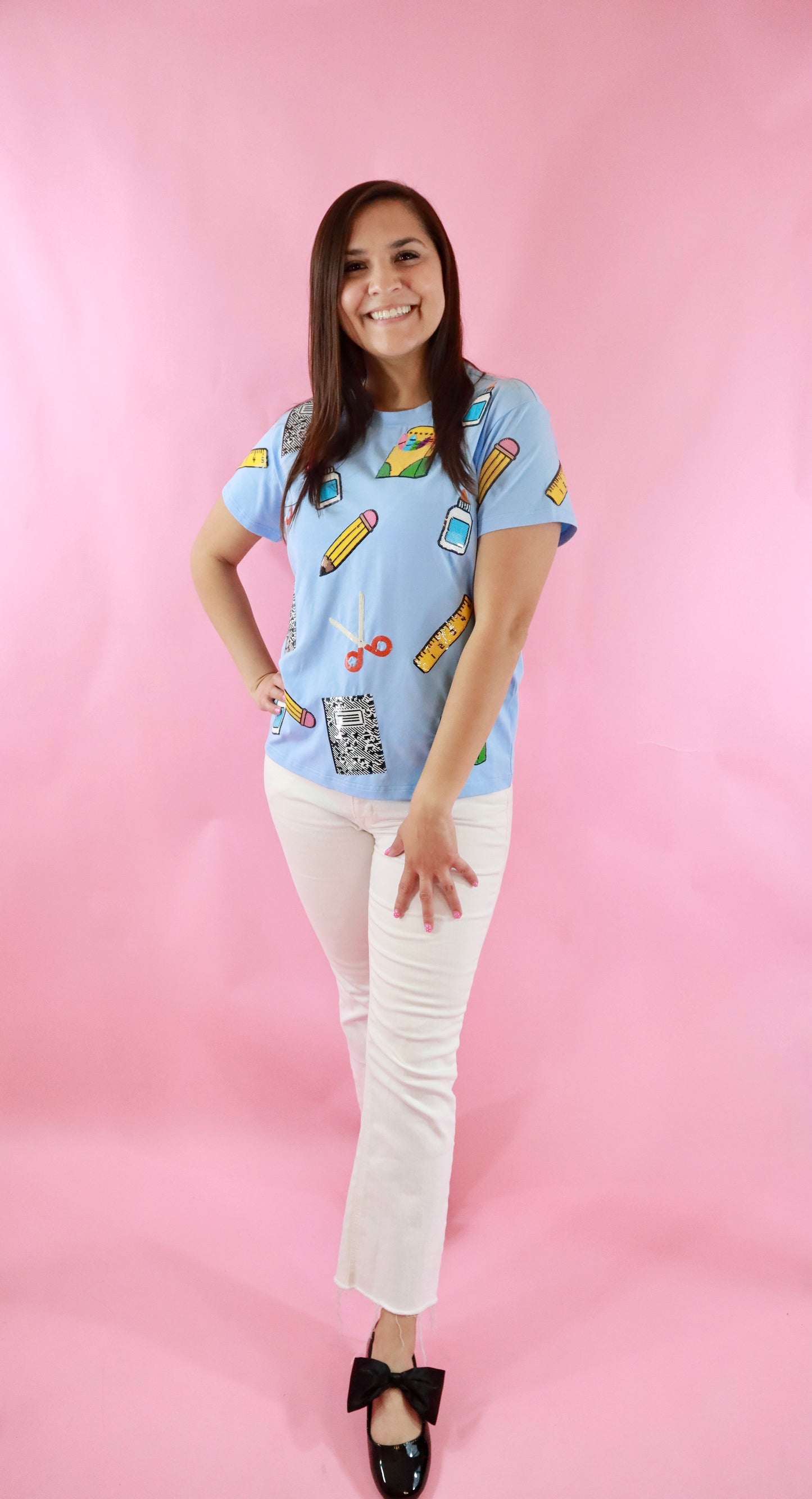 Light Blue Sequin School Supply Top