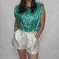 Pleated Teal Foil Crop Top