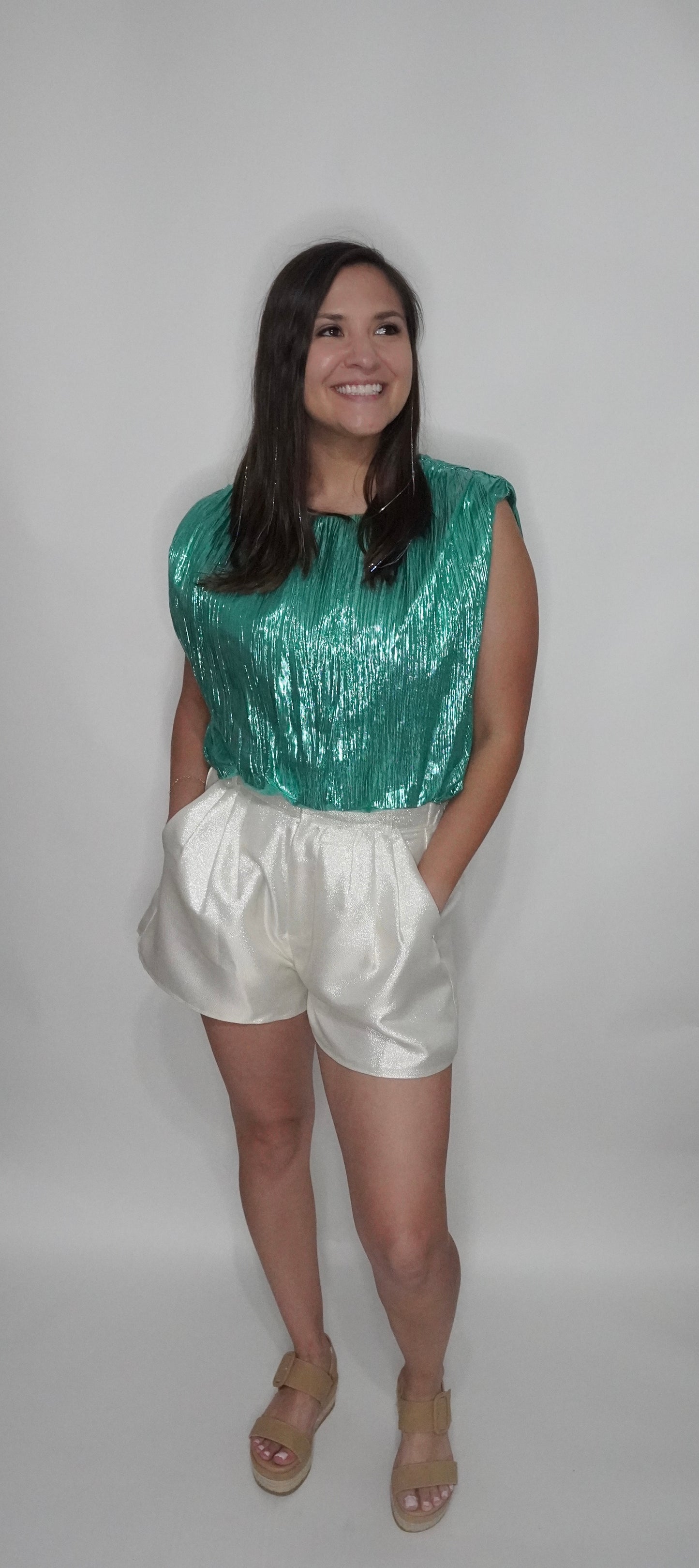 Pleated Teal Foil Crop Top