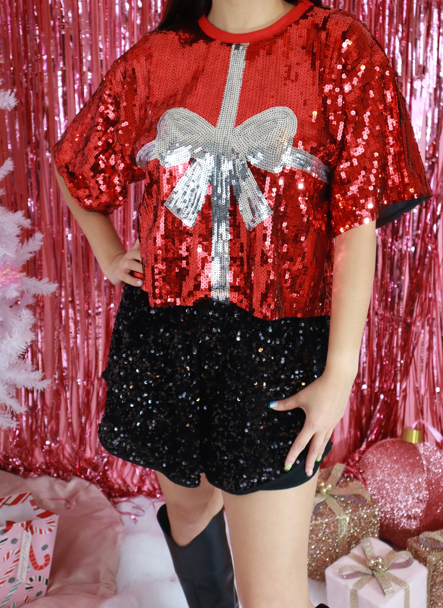 Red Sequin Present Cropped Top