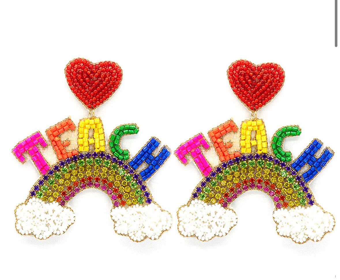 Beaded Rhinestone Rainbow TEACH Earrings