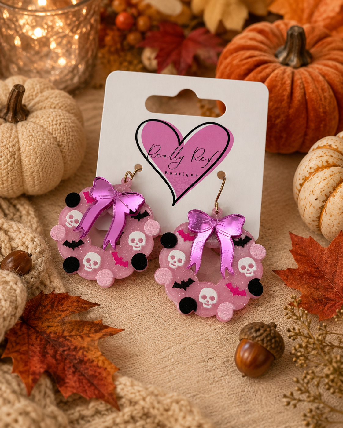 Pink Halloween Wreath Earrings