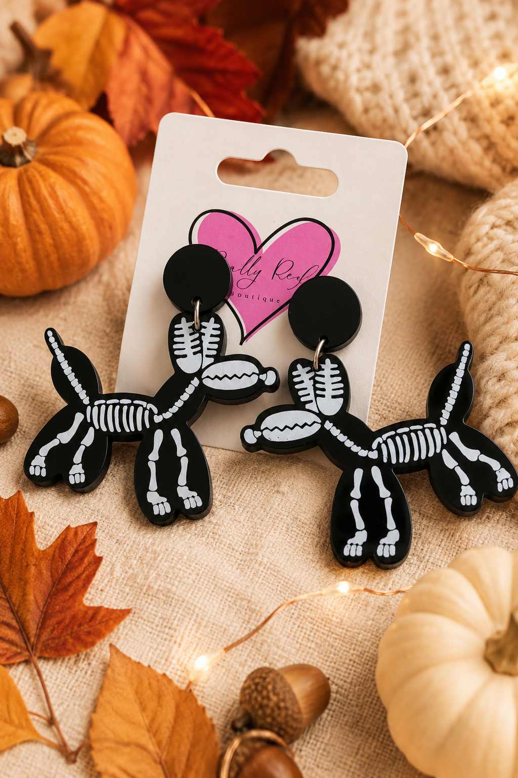 Black Balloon Dog Skeleton Earrings