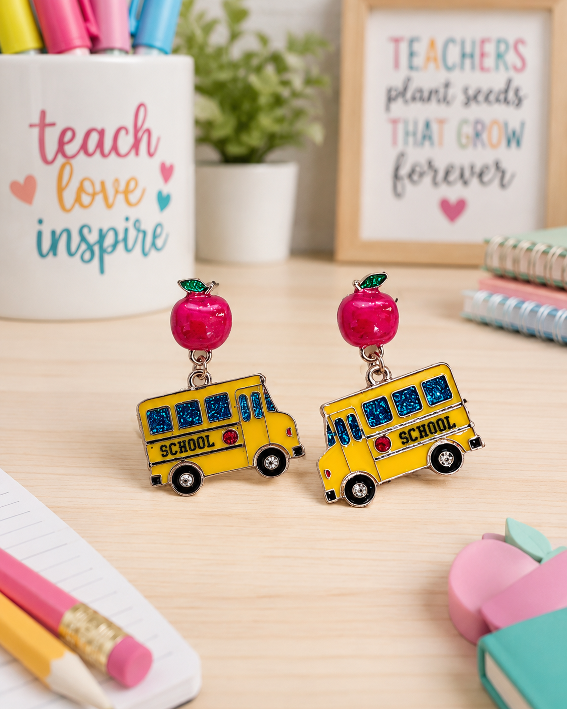 Apple with Dangle School Bus Earrings