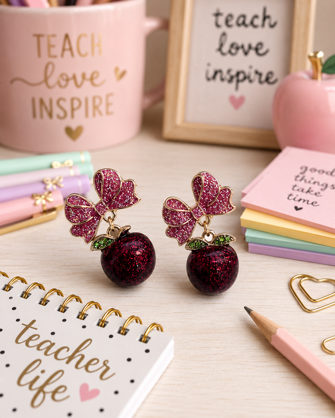 Red Glitter Apple Earrings