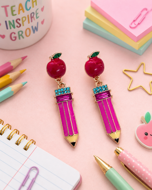 Pink Pencil with Apple Dangle Earrings