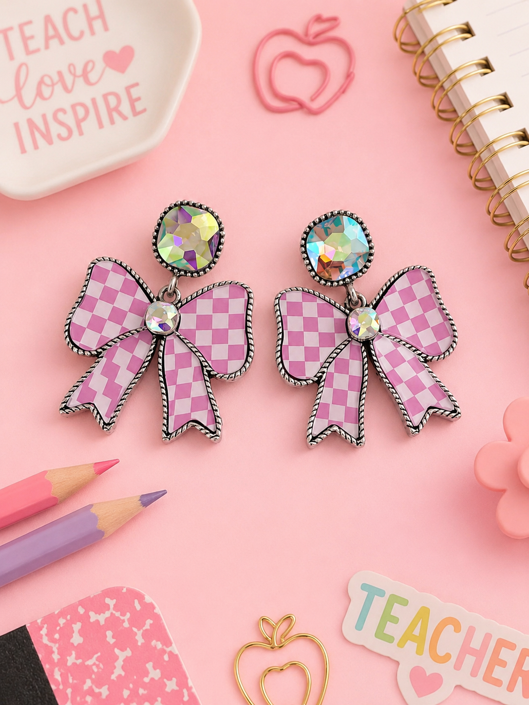 Pink Checkered Bow Earrings