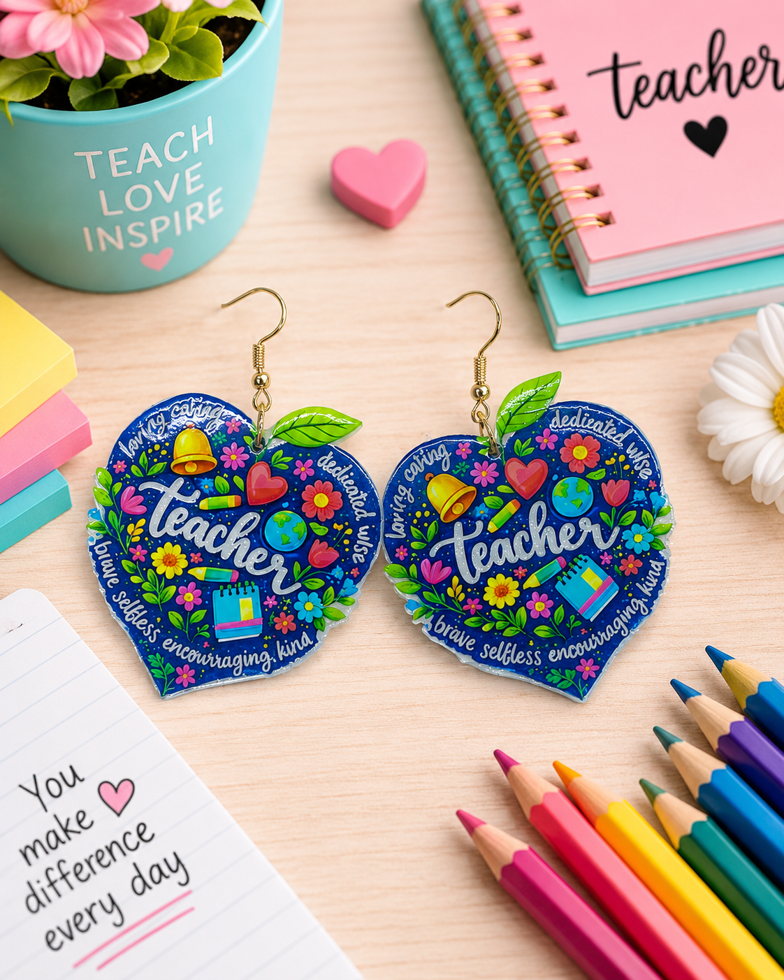 Blue Teacher Heart Earrings
