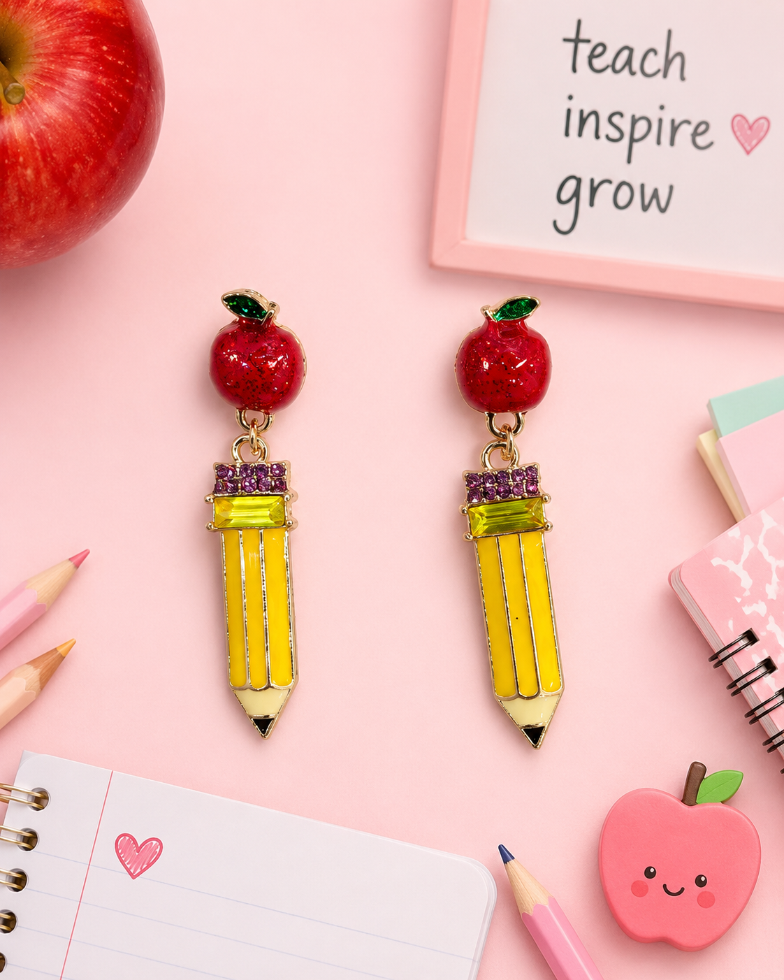 Pencil with Apple Dangle Earrings