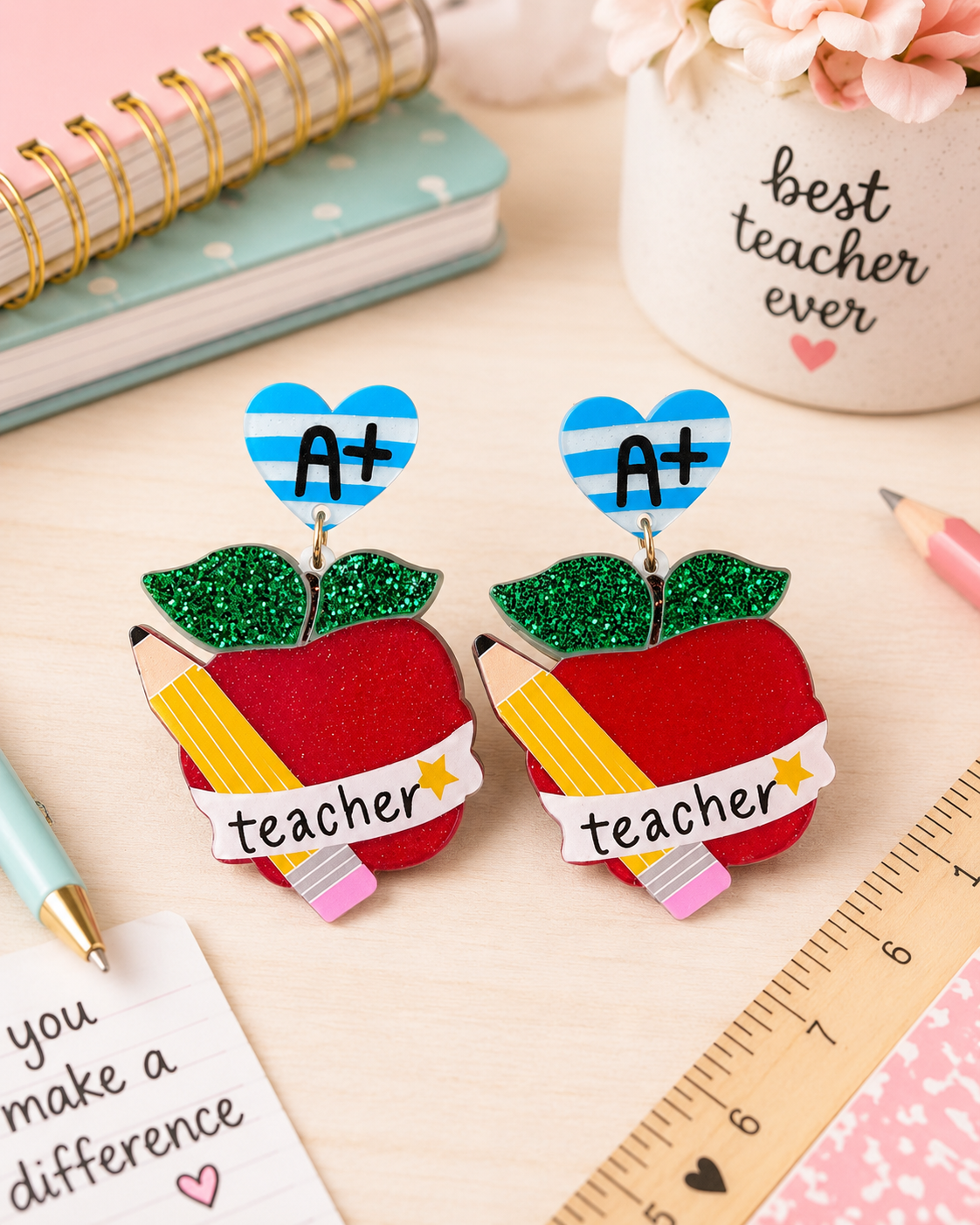 Teacher Apple with Pencil Earrings