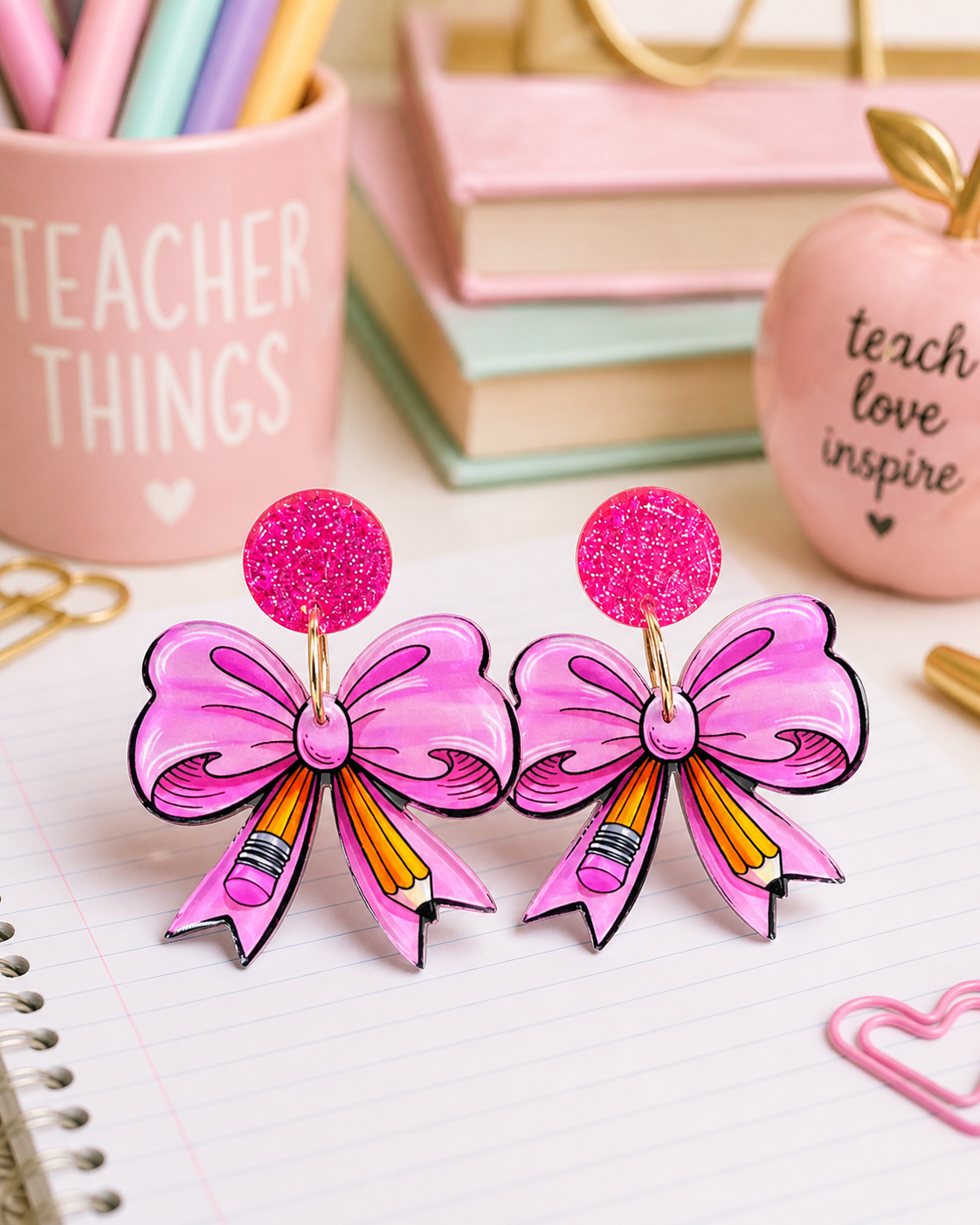 Pink Bow with Pencil Earrings