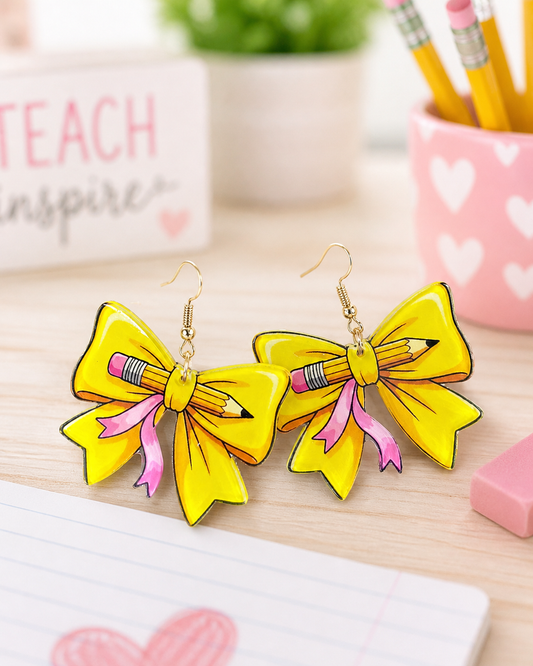Yellow Bow with Pencil Earrings